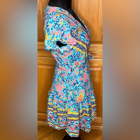 Polly V-Neck Floral‎ Print Ruffle Wrap Mini Dress Blue Pink Bohemian Size 2 - Picture 14 of 16